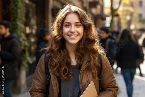Wallpaper Mural Young woman is smiling while confidently holding folder. This image can be used to depict professionalism, organization, or success in various business or educational contexts. Torontodigital.ca