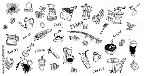 Coffee hand drawn doodle vector set. Coffee machine, sugar dispenser, instant coffee, beans, plants, moka pot, French press, dripper, Turkish 