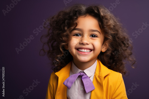 Little girl wearing yellow jacket and purple tie. Perfect for fashion or back-to-school themes.