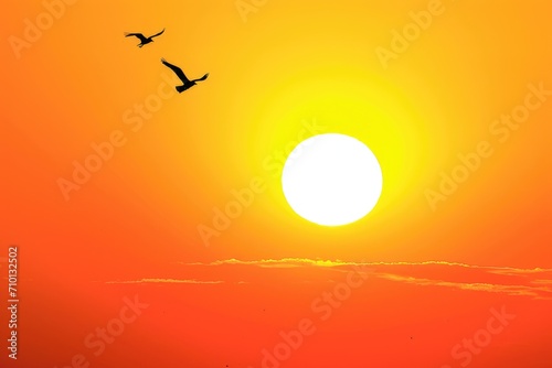 Birds flying gracefully over a beautiful sunset. Perfect for nature lovers and those seeking tranquility in their designs