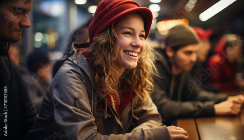 Young adults smiling, enjoying city nightlife together generated by AI