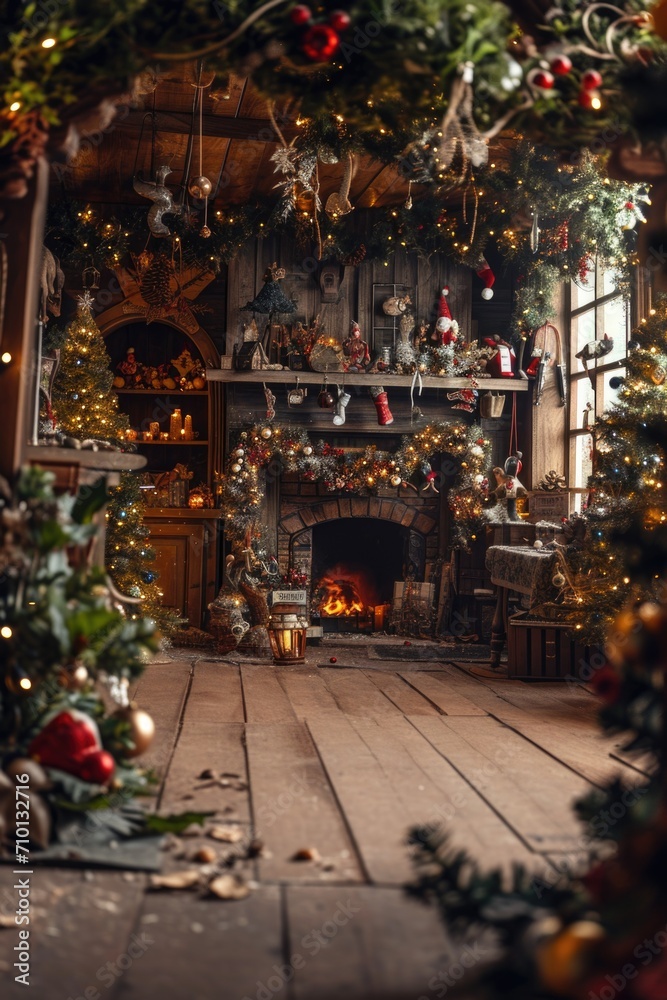 A beautifully decorated living room for Christmas, complete with a warm and inviting fireplace. Perfect for adding a festive touch to your holiday designs