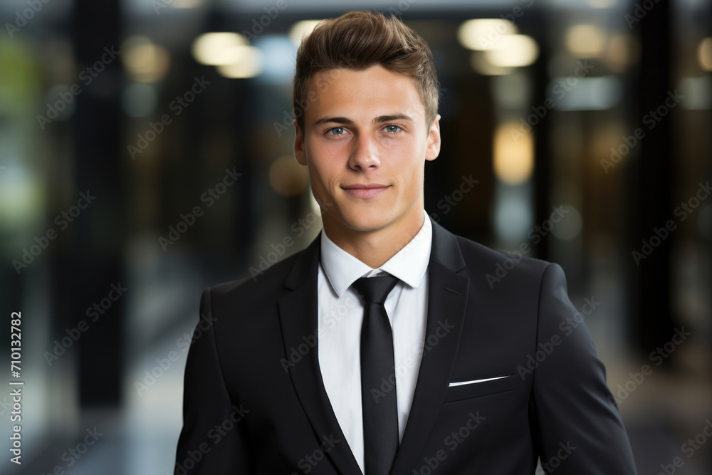 Professional man dressed in suit and tie is striking pose for photograph. This image can be used for corporate or professional themes.