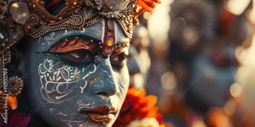 Close-up shot of a person with a painted face. Perfect for creative projects and Halloween-themed designs Close-up shot of a person with a painted face. Perfect for creative projects and Halloween-themed designs