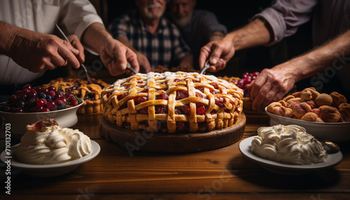 Family celebration indoors  homemade sweet pie on table generated by AI