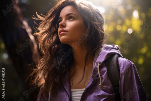 Woman with long brown hair wearing purple jacket. Suitable for fashion, lifestyle, and outdoor themes.