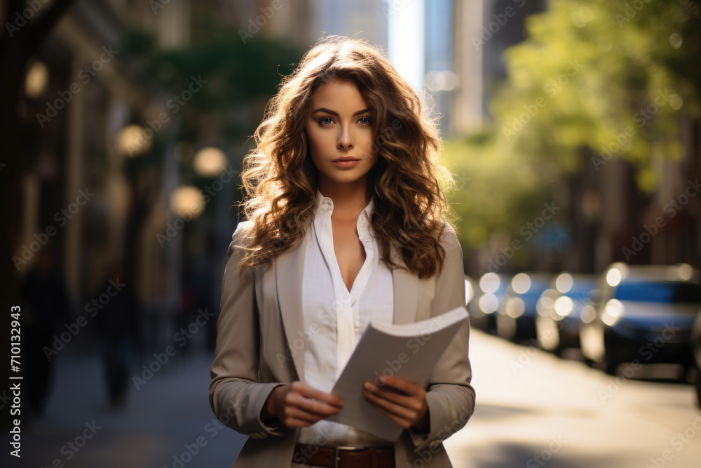 Woman stands on city street, holding book. Suitable for educational and urban lifestyle themes.