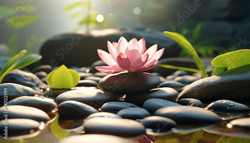 Beautiful lotus flower reflects harmony in tranquil pond generated by AI
