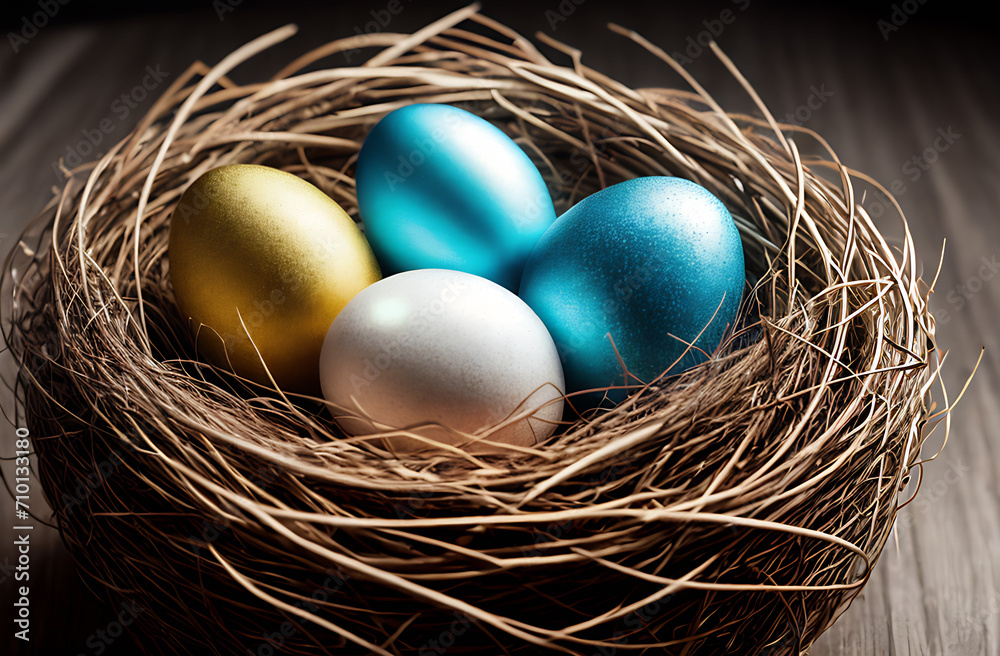 Colorful Easter eggs in the nest. View from above.Spring Easter background
Colorful Easter eggs in the nest. View from above.Spring Easter background