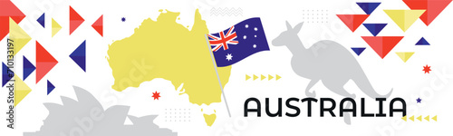 Australian flag and map with Kangaroo and Sydney Opera House landmark silhouettes. Abstract geometric banner design with blue, red and yellow shapes. Australia national day, Labour Day