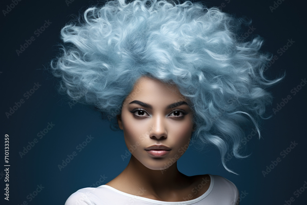 Woman wearing blue wig on her head. Suitable for fashion or costume-related projects.