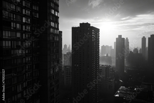 A black and white photo capturing the city skyline
