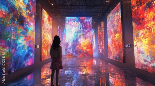AI in Art Design: Artist co-creating with AI, colorful digital art pieces on display, studio filled with innovative tech and creativity