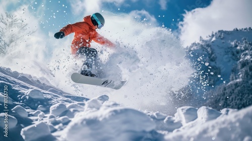 A man riding a snowboard down a snow-covered slope. Ideal for winter sports or adventure themes