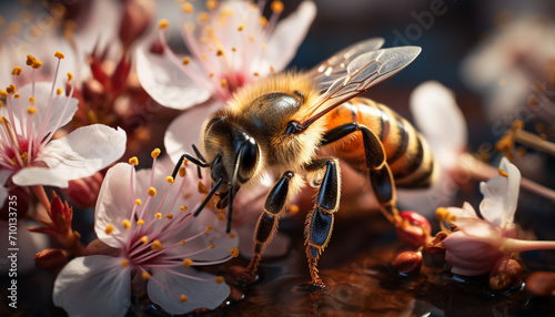 Busy honey bee pollinating a yellow flower generated by AI © Jemastock