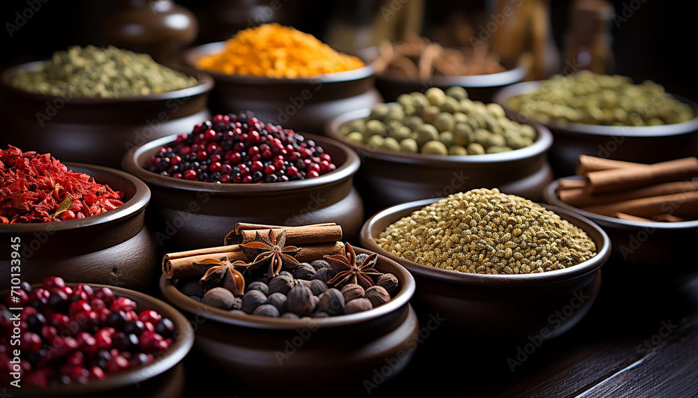 Spice bowl, anise, clove, pepper, chili, curry, ingredient generated by AI - obrazy, fototapety, plakaty 