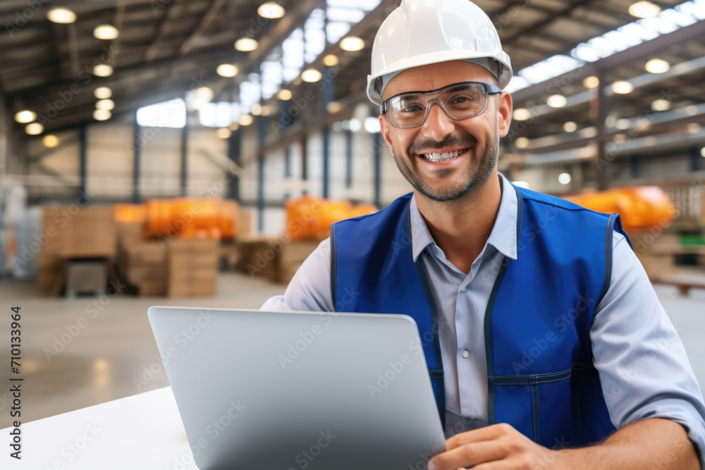 Man wearing hard hat and safety glasses is seen working on laptop. This image can be used to depict worker in construction or industrial setting using technology. Man wearing hard hat and safety glasses is seen working on laptop. This image can be used to depict worker in construction or industrial setting using technology.