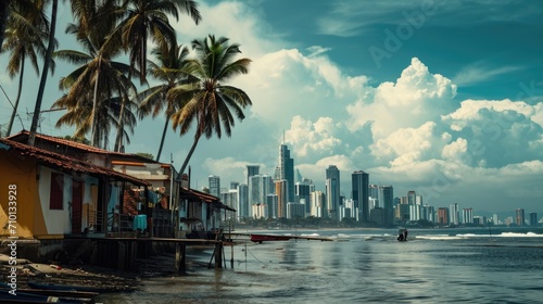 A picturesque view of a cityscape as seen from a beach. Perfect for travel brochures or city tourism websites © Fotograf