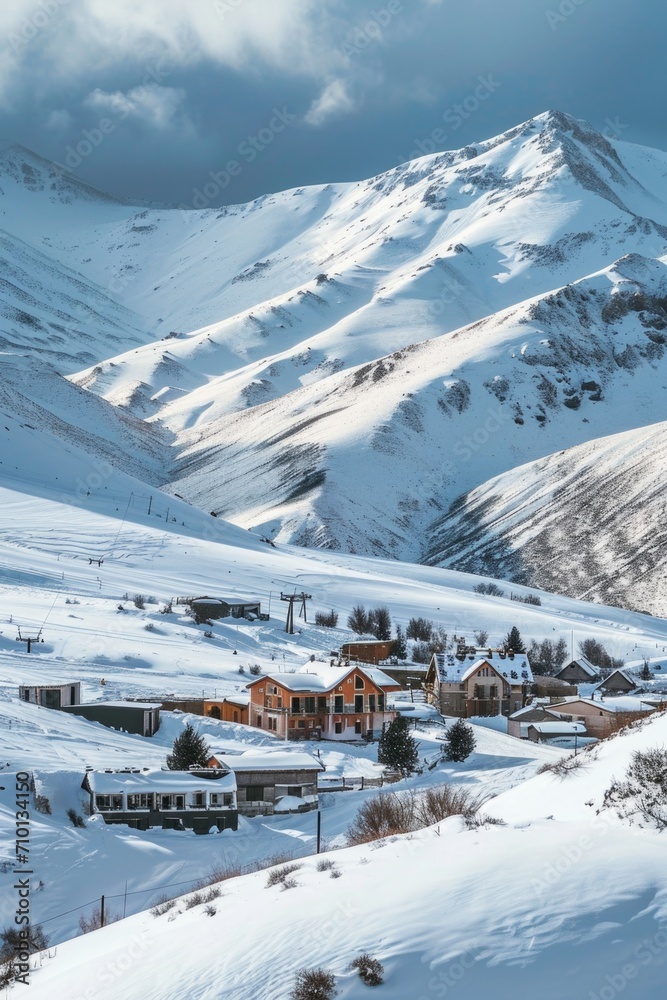A picturesque snow covered mountain with a charming small town in the foreground. Perfect for winter landscapes and travel destinations