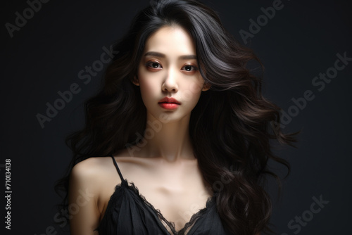 Woman with long black hair wearing black dress. Suitable for various occasions.