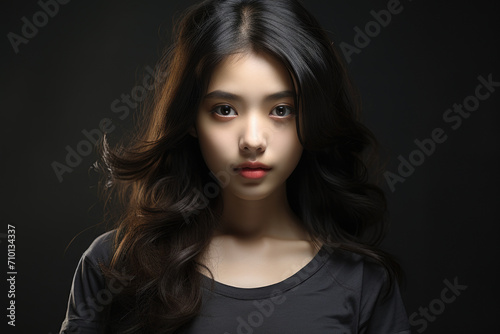 Woman with long black hair wearing black shirt. Suitable for various uses.