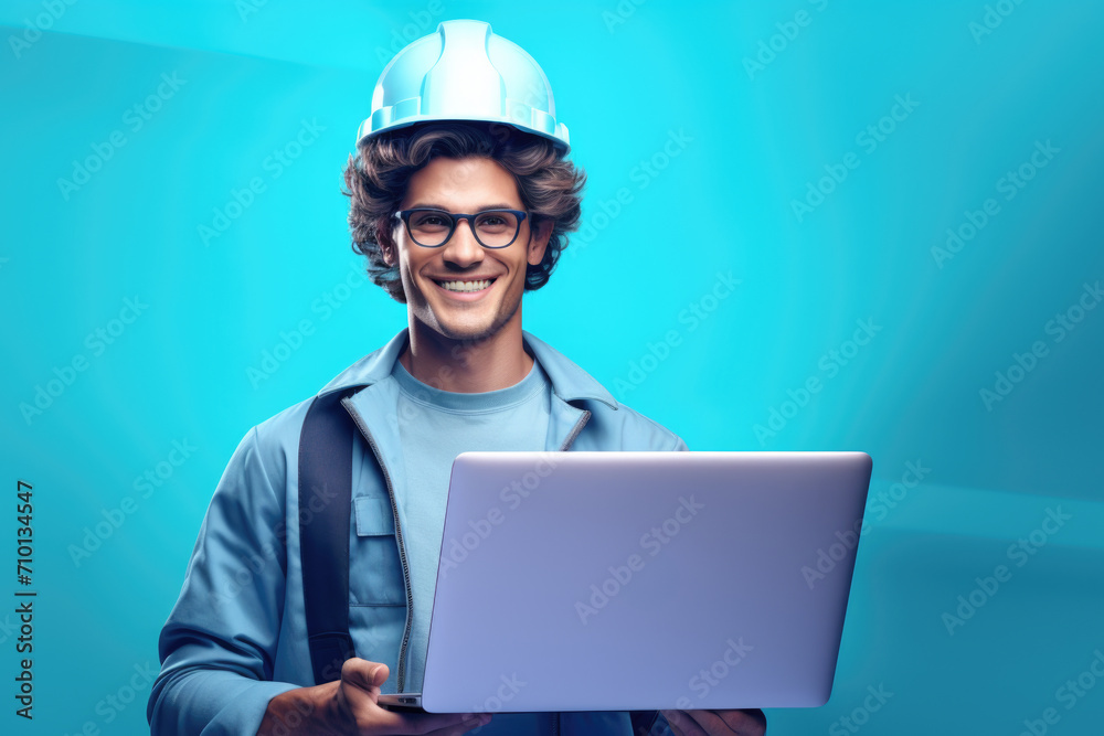 Man wearing hard hat holds laptop. This image can be used to represent technology in construction industry. Man wearing hard hat holds laptop. This image can be used to represent technology in construction industry.