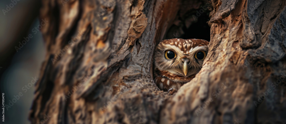 A watchful owl peers out from the sanctuary of a tree hollow, its eyes a mirror of the wild. A watchful owl peers out from the sanctuary of a tree hollow, its eyes a mirror of the wild.