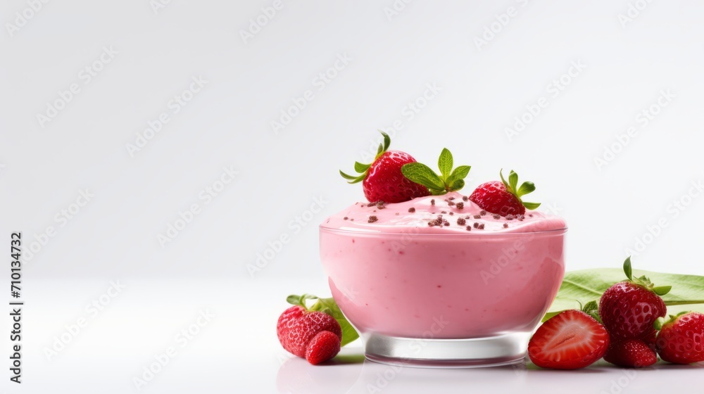 Delicious sweet mousse with Strawberry in glass plate on white background. Strawberry mousse. Food photography. Minimalism. Horizontal format, for bar menu Delicious sweet mousse with Strawberry in glass plate on white background. Strawberry mousse. Food photography. Minimalism. Horizontal format, for bar menu