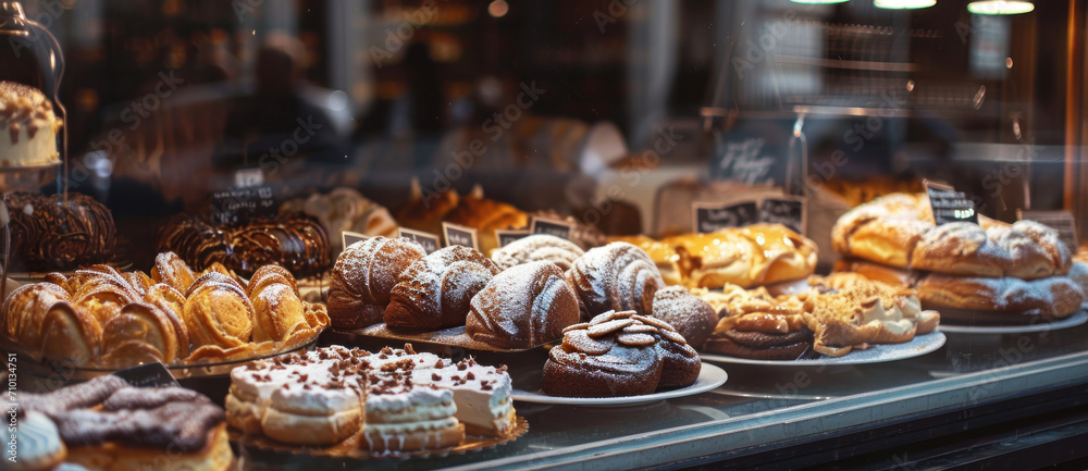 A tempting array of pastries basks in the warm glow of a bakery display, inviting indulgence