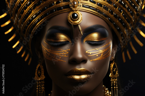 Close up of woman with gold paint on her face. Perfect for makeup tutorials and creative face art projects.
