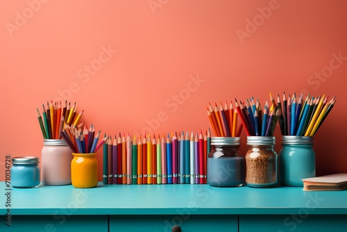 Top view of a school desk covered with neatly organized stationery, including pens and paper, against a soft pastel background