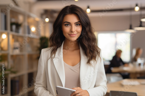 Woman wearing white blazer holding tablet. Suitable for business, technology, and communication themes.