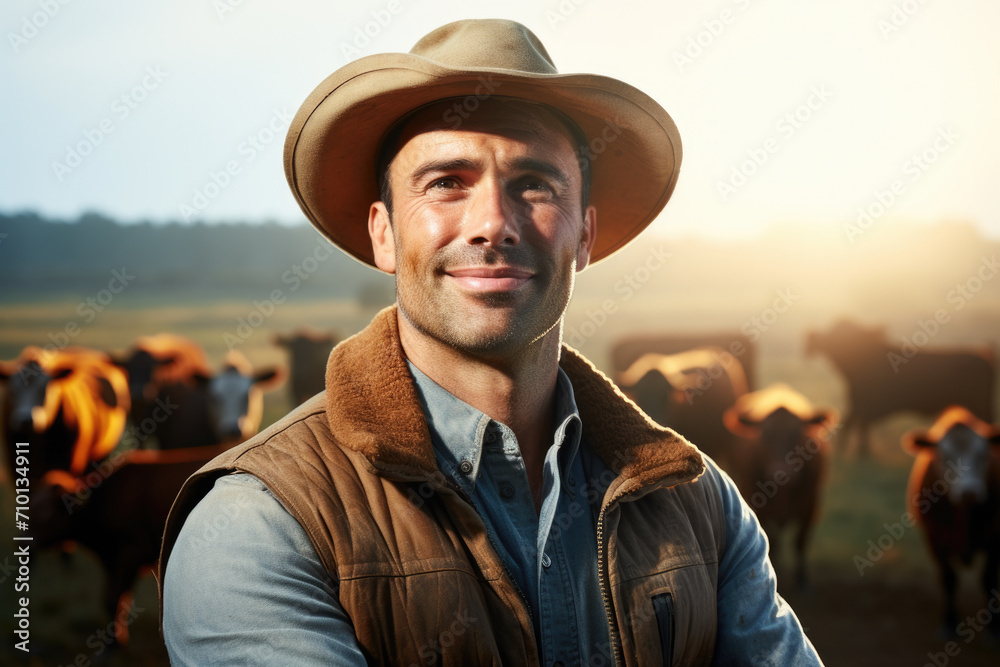Man wearing hat standing in front of herd of cows. Suitable for agricultural or rural lifestyle themes.