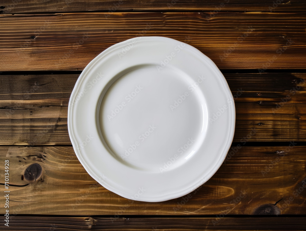 Plain white plate on a wooden table, minimal shadow. Plain white plate on a wooden table, minimal shadow.
