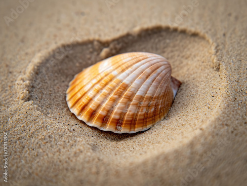 Minimalist photo of a seashell on a sandy surface.