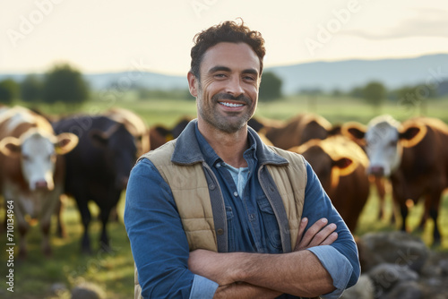 Man confidently stands in front of large herd of cows. This image can be used to depict leadership, confidence, or connection with nature. photo