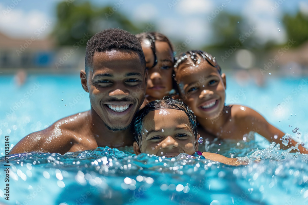 A father and his children have fun in the pool A father and his children have fun in the pool