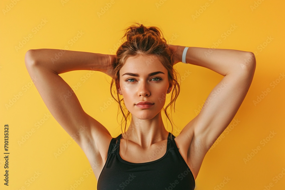 A portrait of a beautiful Caucasian woman, isolated on a yellow background, shows muscles after a workout. The concept of health and strength