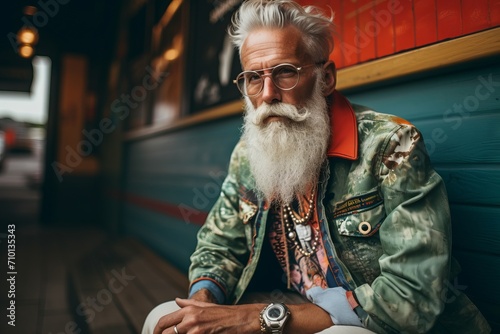 Portrait of senior hipster man with long white beard and mustache wearing fashionable clothes and sunglasses sitting on bench in cafe