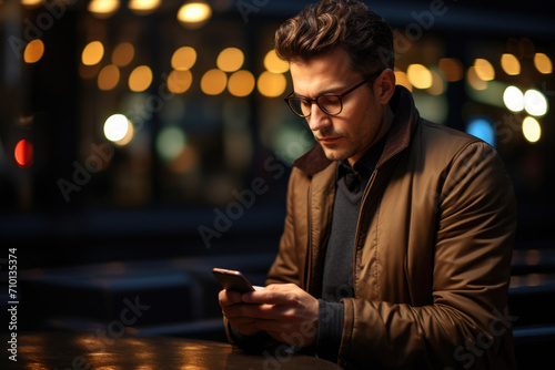 Man is sitting at table and looking at his cell phone. This image can be used to depict technology, communication, or modern lifestyle. © vefimov