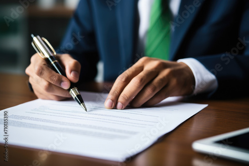 Man in suit signing document with pen. Suitable for business, legal, or professional concepts. © vefimov