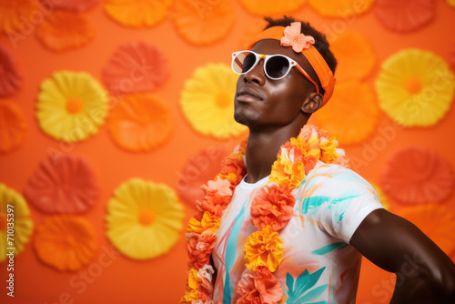 Man wearing sunglasses and flower garland around his neck. Perfect for summer parties and tropical themed events.