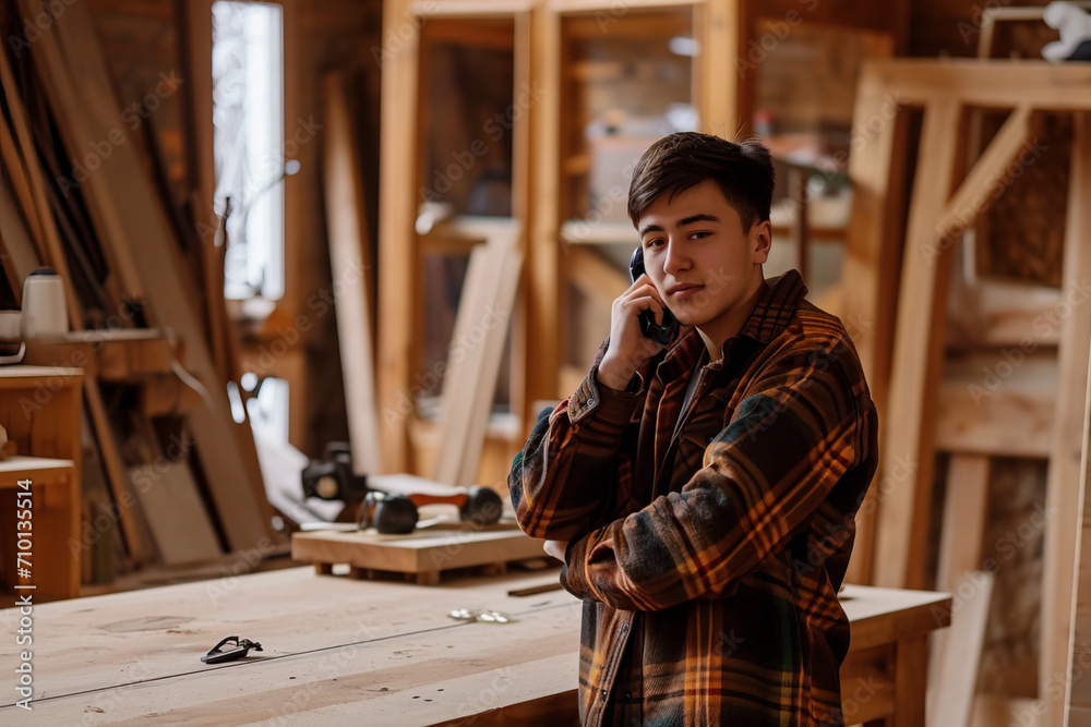 © v.senkiv - An apprentice who works as a carpenter in a furniture workshop makes a phone call
