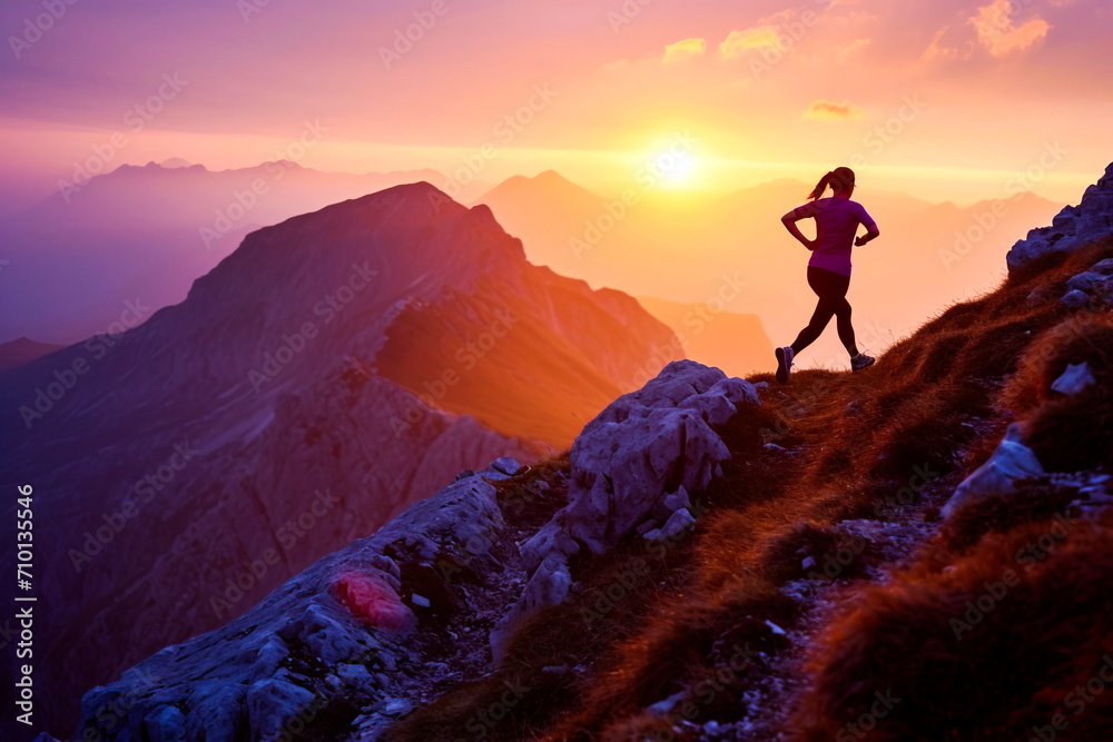 An athletic girl completes a run in the mountains at dawn