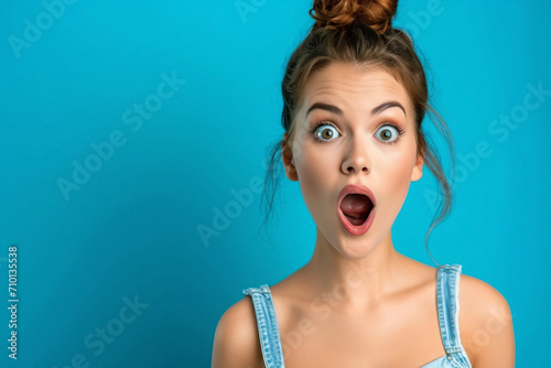 An attractive young girl with a stunned and shocked look, with her mouth open and her jaw hanging open
