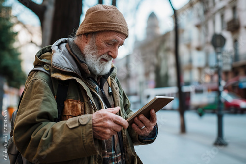 An elderly tourist exploring a new city, interesting places. An elderly man with a tablet looking for a route. Traveling and independent travel in retirement