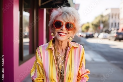 Portrait of a beautiful senior woman in sunglasses on the street.