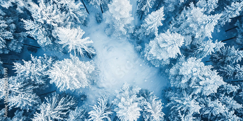 Beautiful winter background - aerial top view of snowy winter forest with frozen trees