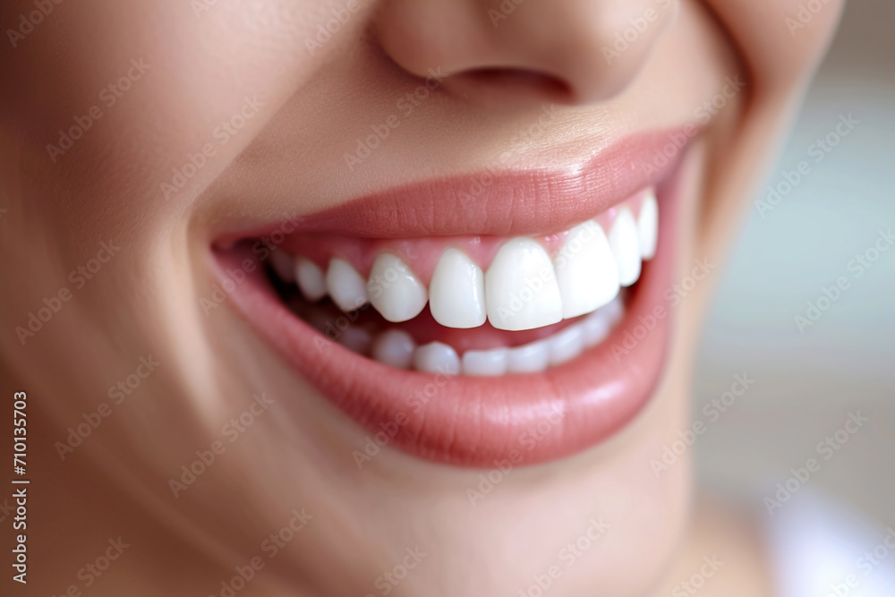 Obraz premium Dentist, zoom and the mouth of a happy woman in the studio with oral care, treatment or satisfaction with the result