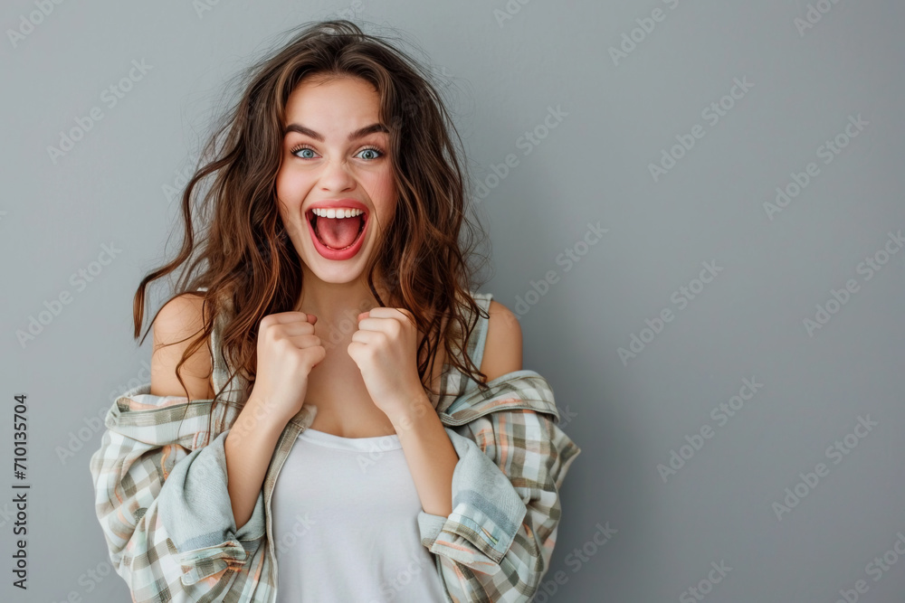 Emotional young beautiful woman in casual clothes, happy and excited about her anniversary celebration. Happy young woman in a good mood standing against a gray wall Emotional young beautiful woman in casual clothes, happy and excited about her anniversary celebration. Happy young woman in a good mood standing against a gray wall